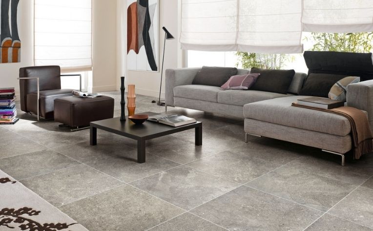 large gray tile flooring living room